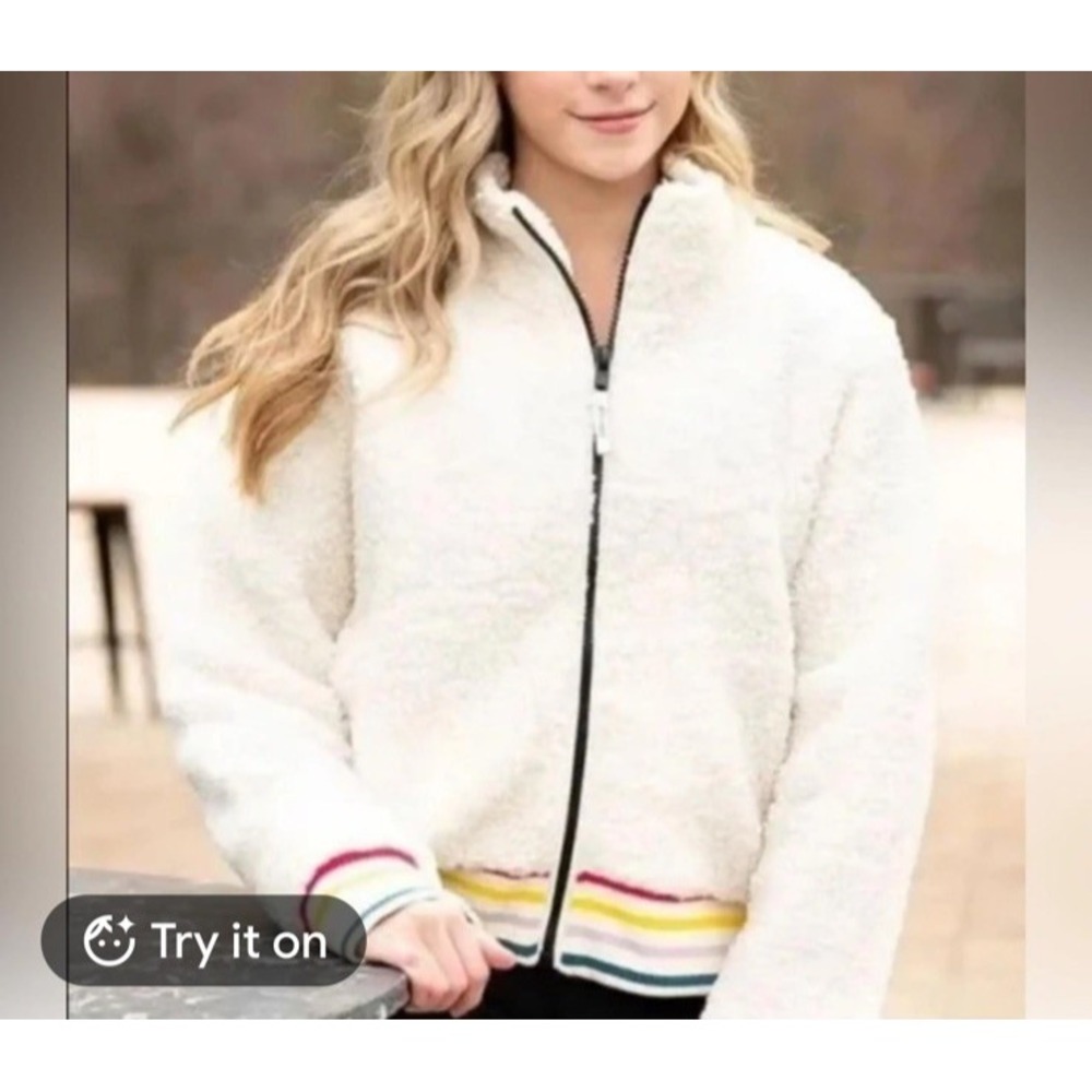 Ivory Ella Sherpa Jacket Coat Zip Teddy Fleece Cream Varsity Stripe Bomber M
